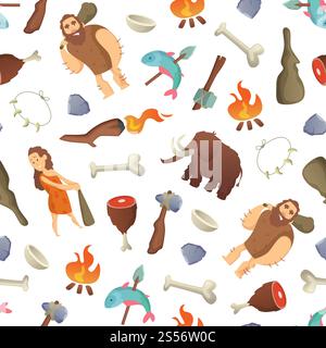 Vector cartoon cavemen background or pattern illustration. Illustration of prehistoric woman and man. Vector cartoon cavemen background or pattern illustration Stock Vector