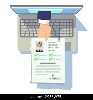 Online cv application. Resume submission on laptop screen, recruitment and career management vector concept. Online job, candidate application resume illustration. Online cv application. Resume submission on laptop screen, recruitment and career management vector concept Stock Vector