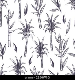 Sugar cane stalks with leaves, sugarcane plant vector seamless pattern. Sugar stalk cane seamless background, sugarcane ingredient illustration. Sugar cane stalks with leaves, sugarcane plant vector seamless pattern Stock Vector