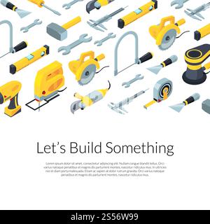 Vector construction tools isometric icons background with place for text illustration. Vector construction tools isometric icons background illustration Stock Vector