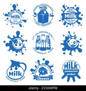 Fresh farm cow milk labels. Healthy dairy blue vector emblems for food packaging. Illustration of farm milk natural, label fresh dairy beverage. Fresh farm cow milk labels. Healthy dairy blue vector emblems for food packaging Stock Vector
