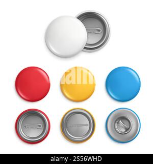 Metallic round badges. Realistic illustrations of blank badges. Vector button badge souvenir, knob round colored collection. Metallic round badges. Realistic illustrations of blank badges Stock Vector