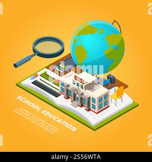 Education isometric pictures. Composition with school symbols. Education school, open book with magnifying, glass, globe and ruler. Vector illustration. Education isometric pictures. Composition with school symbols Stock Vector