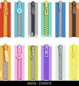Colored zippers. Tools for clothes. Vector zip close, fastener lock for textile illusstration. Colored zippers. Tools for clothes Stock Vector