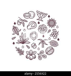 Healthy organic flower cosmetics oil linear vector labels and logos in round isolated on white. Healthy organic flower cosmetics oil linear isolated Stock Vector