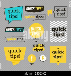 Quick tips, helpful tricks logos, emblems and banners vector set isolated on transparent background. Vector illustration. Quick tips, helpful tricks banners vector set Stock Vector