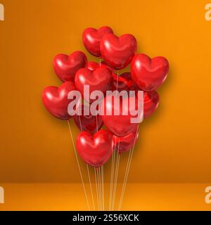 Red heart shape balloons bunch on a yellow wall background. 3D ...