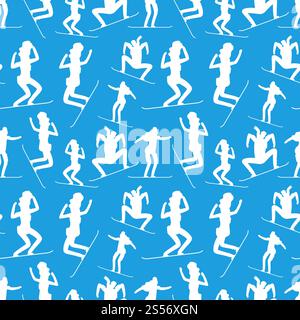 White silhouettes of snowboarding people seamless pattern. Winter sport athletes background. Vector illustration. White silhouettes of snowboarding people seamless pattern. Stock Vector