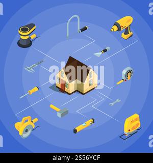 Vector construction tools isometric icons infographic illustration banner and poster. Vector construction tools isometric icons infographic illustration Stock Vector