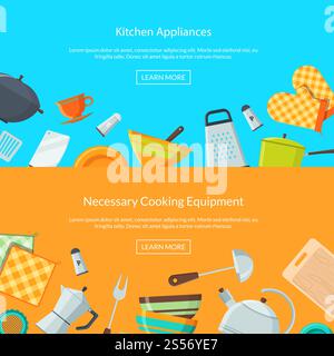 Vector kitchen utensils flat icons horizontal web banners and poster illustration. Vector kitchen utensils icons Stock Vector