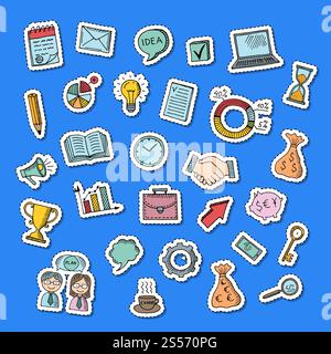 Vector business doodle icons stickers set illustration. Collection of sticker idea and money, handshake and portfolio. Vector business doodle icons stickers set illustration Stock Vector