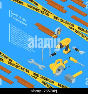 Vector under construction tools isometric icons background with ribbons, wood and place for text concept illustration. Vector under construction tools isometric icons on blue Stock Vector