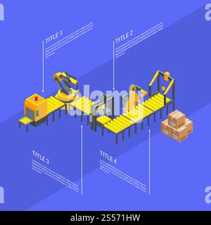 Poster with vector isometric conveyor elements infographics production data info illustration. Vector isometric conveyor elements infographics blue illustration Stock Vector