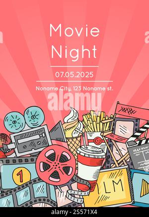 Vector cinema icons poster for movie night or festival on sunrays bacgkround illustration. Vector cinema doodle icons poster for movie night or festival Stock Vector