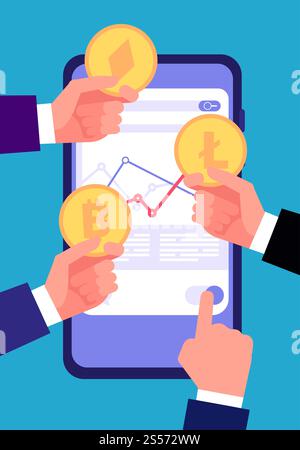 Bitcoin, ico and blockchain concept. Cryptocurrency trading and investing. Valid internet altcoin transaction vector background. Illustration of bitcoin smartphone currency, exchange money blockchain. Bitcoin, ico and blockchain concept. Cryptocurrency trading and investing. Valid internet altcoin transaction vector background Stock Vector