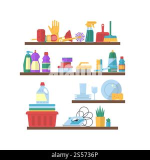 Vector cleaning flat elements of color detergent on shelves illustration. Vector cleaning flat elements on shelves illustration Stock Vector