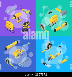 Vector banner and poster with construction tools isometric icons concept illustration. Vector construction tools isometric icons concept illustration Stock Vector