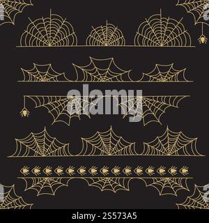 Gold Halloween vector frame border and dividers with spider web isolated on black background illustration. Gold Halloween vector frame border and dividers Stock Vector