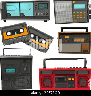 Cartoon illustrations of old music cassette recorders, players and radios. Audio retro recorder and stereo speaker, boombox equipment street vector. Cartoon illustrations of old music cassette recorders, players and radios Stock Vector