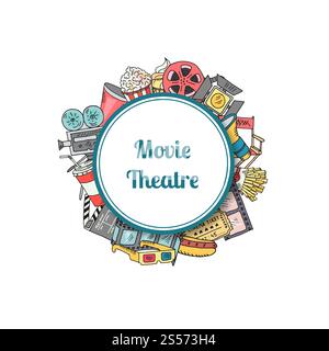 Vector cinema doodle icons under circle with place for text illustration. Vector cinema doodle icons Stock Vector