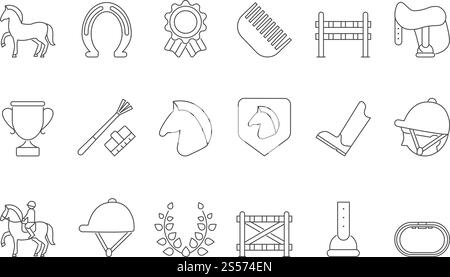 Mono line symbols of equestrian sport isolate on white. Linear horseback and rider, race icon set, animal with saddle, equine and stallion, vector illustration. Mono line symbols of equestrian sport isolate on white Stock Vector