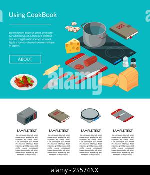 Vector cooking food isometric objects website landing page template illustration. Vector cooking food isometric objects website page illustration Stock Vector