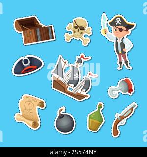 Vector cartoon sea pirates stickers set illustration. Pirate cartoon sticker, pistol and map, hook and bomb. Vector cartoon sea pirates stickers set illustration Stock Vector