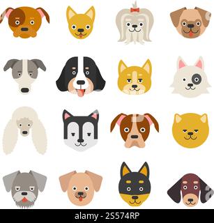 Heads of home pets. Funny dogs in flat style. Vector animal cat, illustration of character puppy. Heads of home pets. Funny dogs in flat style Stock Vector