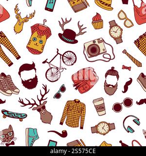 Vector hipster doodle icons background or pattern illustration. Hipster pattern with sunglasses and camera, vintage pipe and beard. Vector hipster doodle icons background or pattern illustration Stock Vector
