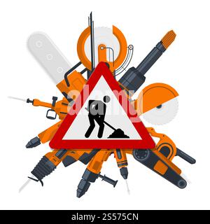 Vector red constructions sign with electric tools behind. Work icon and equipment electric illustration. Vector red constructions sign with electric tools behind Stock Vector