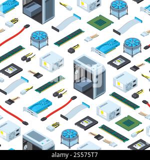 Vector isometric electronic devices background or pattern illustration. Computer equipment isometry, hardware and component. Vector isometric electronic devices background or pattern illustration Stock Vector