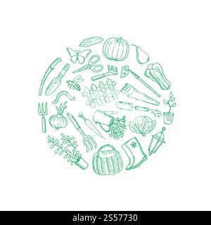 Vector gardening doodle icons in round illustration isolated on white background. Vector gardening doodle icons label illustration on white Stock Vector