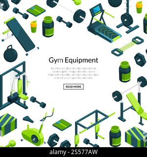 Vector isometric gym banner and poster background with place for text illustration. Vector isometric gym background Stock Vector