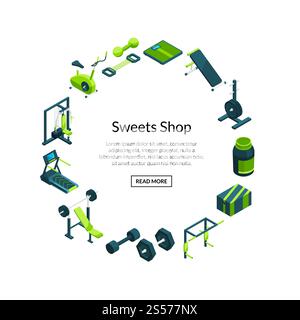 Vector isometric gym objects horizontal web banners illustration isolated on white. Sport and fitness items. Vector isometric gym. Sport and fitness items Stock Vector