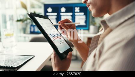 Graphs, screen or hands of businessman on tablet for annual report, data analysis or sales profit. Pen, accounting or economist in financial agency Stock Photo