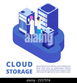 Two server administration and cloud storage isolated on white background. IT 3D vector illustration. Server administration and cloud storage isolated on white background Stock Vector