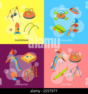 Vector set of banner or poster with isometric playground objects concept illustration. Vector isometric playground objects concept illustration Stock Vector