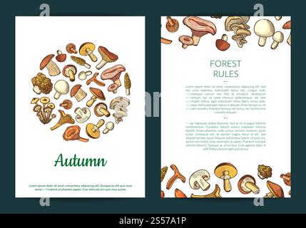 Vector hand drawn mushrooms card, flyer or brochure , banner and poster template illustration. Vector hand drawn mushrooms card, flyer or brochure template illustration Stock Vector