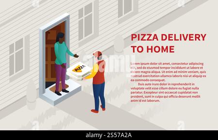 Pizza home delivery concept banner. Isometric illustration of pizza home delivery vector concept banner for web design. Pizza home delivery concept banner, isometric style Stock Vector
