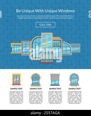 Vector window flat icons on brickwall background website landing page template illustration. Vector window flat icons on brickwall background website Stock Vector