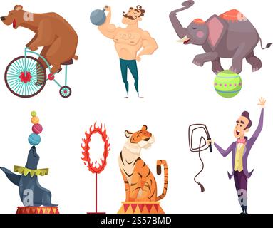 Circus mascots. Clouns, performers, juggler and other characters of circus. Strongman performance, elephant and bear. Vector illustration. Circus mascots. Clouns, performers, juggler and other characters of circus Stock Vector