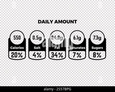 Nutrition facts vector package labels with calories and ingredient information isolated on transparent background. Vector illustration. Nutrition facts vector package labels with calories and ingredient information Stock Vector