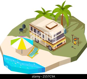 Camping car at the sea. Vector isometric composition. Travel sea, trip and tourism, summer caravan trailer illustration. Camping car at the sea. Vector isometric composition Stock Vector