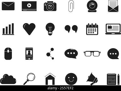 Blogging symbols. Web icon in black style. Vector monochrome pictures. Vlog media, blog communication computer, chatting and video web online illustration. Blogging symbols. Web icon in black style. Vector monochrome pictures Stock Vector