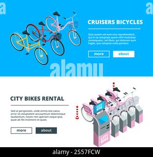Banners with bikes. Pictures of 3D isometric bicycles. Bike rent poster, bicycle transport service, vector illustration. Banners with bikes. Pictures of 3D isometric bicycles Stock Vector