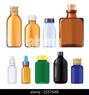 Bottles for drugs and pills. Medical bottles for liquid drugs. Vector medicine bottle vector, container pharmaceutical illustration. Bottles for drugs and pills. Medical bottles for liquid drugs Stock Vector