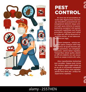 Extermination or pest control service and sanitary domestic disinfection vector flat design poster. Disinfector man with disinfectant liquid or gas spray against mouse rats, cockroaches and mite insects. Extermination or pest control service and sanitary domestic disinfection vector flat design poster. Stock Vector