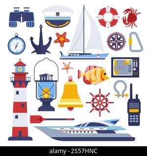 Marine and nautical vector flat icons. Isolated symbols of sailor ship anchor and helm, captain hat and lighthouse, sailboat and lifebuoy, seafarer boat and compass or paddle. Marine and nautical vector flat icons Stock Vector