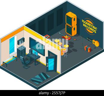 Recording studio interior. 3d isometric pictures of musical studio with various instruments. Record studio room isometric, musical equipment and microphone, Vector illustration. Recording studio interior. 3d isometric pictures of musical studio with various instruments Stock Vector