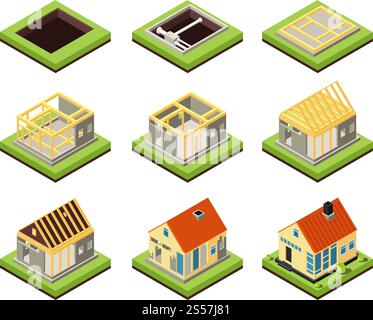 House construction. Building constructing phases. Rural home creation stage. Isometric vector icons project construction home, residential construct 3d illustration. House construction. Building constructing phases. Rural home creation stage. Isometric vector icons Stock Vector